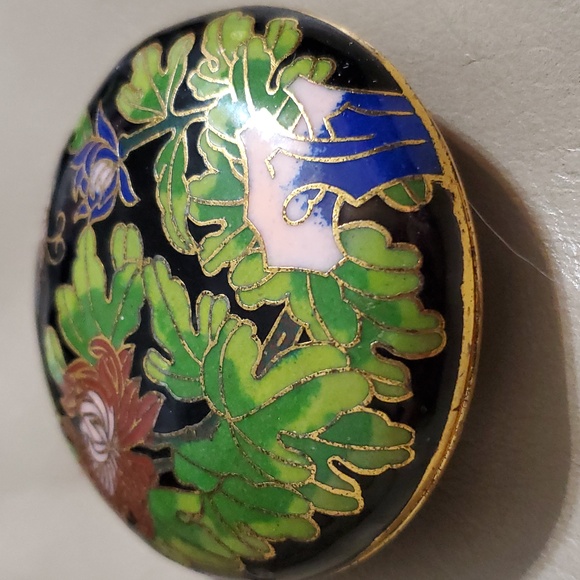 Cloisonné Vintage Enamel Brass Round Ring Pill Trinket Box Lotus Flower  Blue - Picture 6 of 9